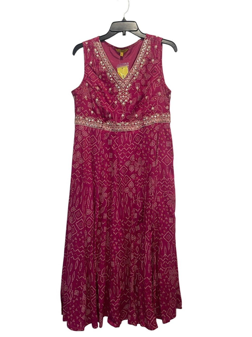 Global Desi Size L Pink Maxi Dress L Boho Crinkle Sleeveless Festival embroidery